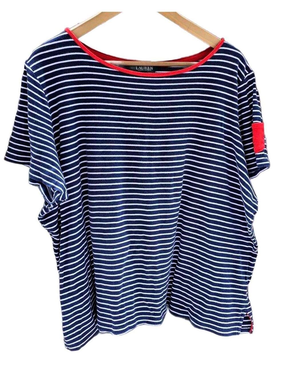 Lauren Ralph Lauren Women's 3XL Navy and White Striped Tee With Red Trim